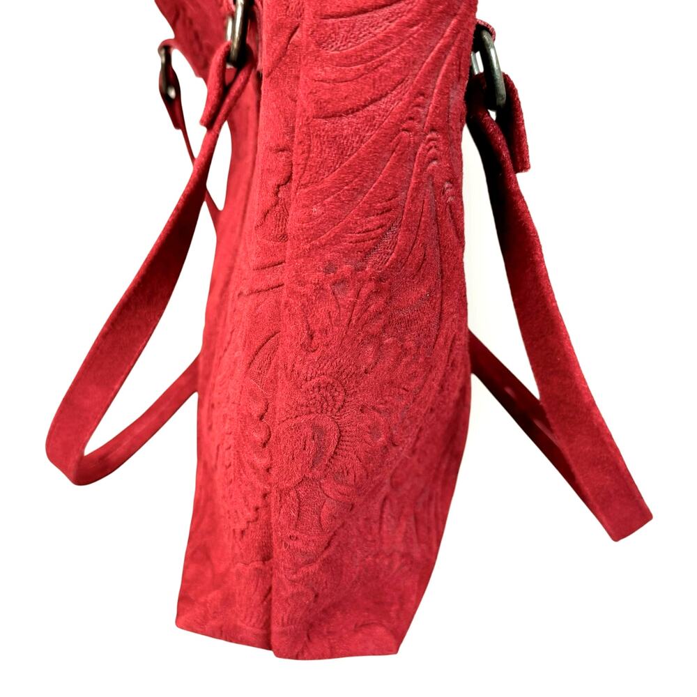 Handmade Womens Genuine Suede Leather Shoulder Tote Bag with Cosmetic Purse Red - Picture 3 of 9